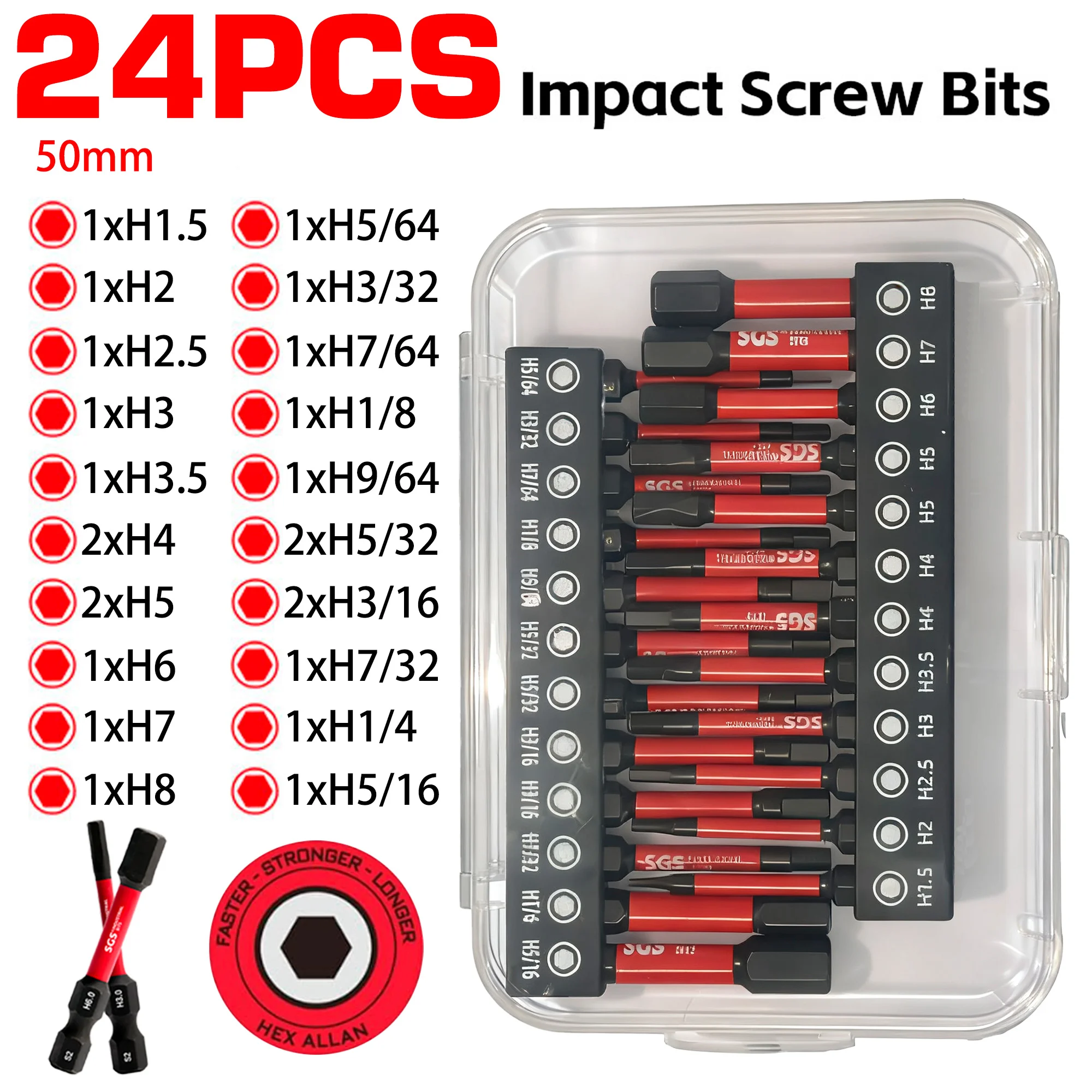 12/24 Piece Set of S2 Steel Hex Impact Bits, Strong Magnetic and Anti-Torsion, Transparent Box Storage, Industrial-Grade Repair Tools