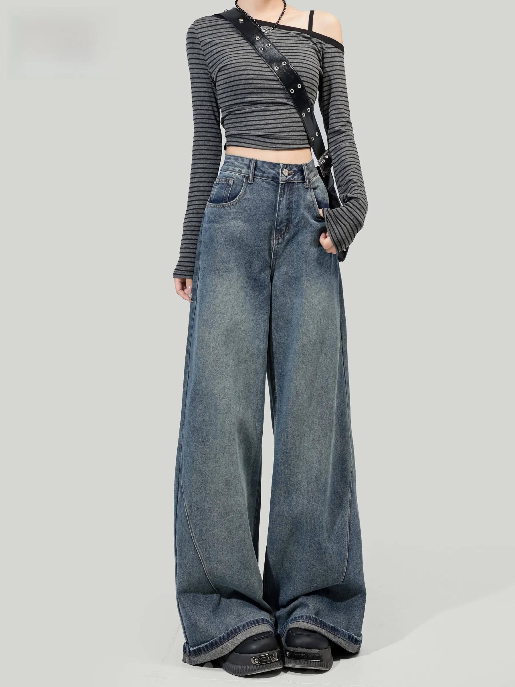 

Американские джинсы с высокой талией и широкими штанинами, женские свободные прямые брюки в пол, осенне-зимняя новинка в стиле Lazy Style