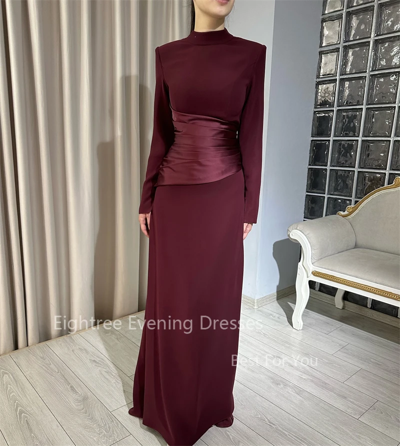 Eightree Burgundy Dubai Luxury Evening Dress Long Sleeves Satin Mermaid Long Vestidos Elegant Long Formal Party Dress Customized