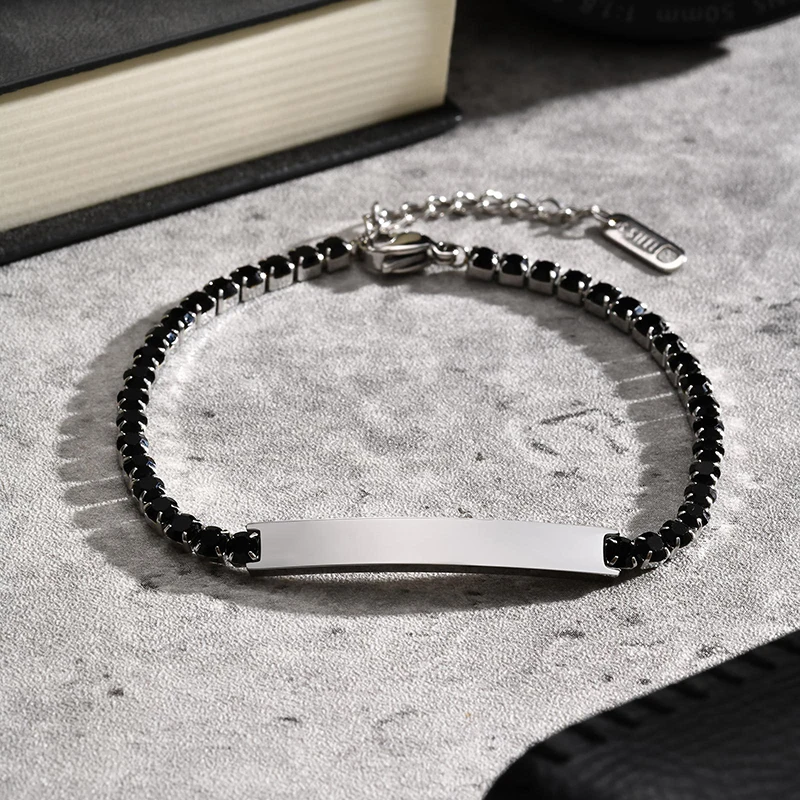 Men Boys Custom Tennis Bracelet, Waterproof Black Zircon ID Bar Wristband, Personalized  Anniversary Jewelry Gift