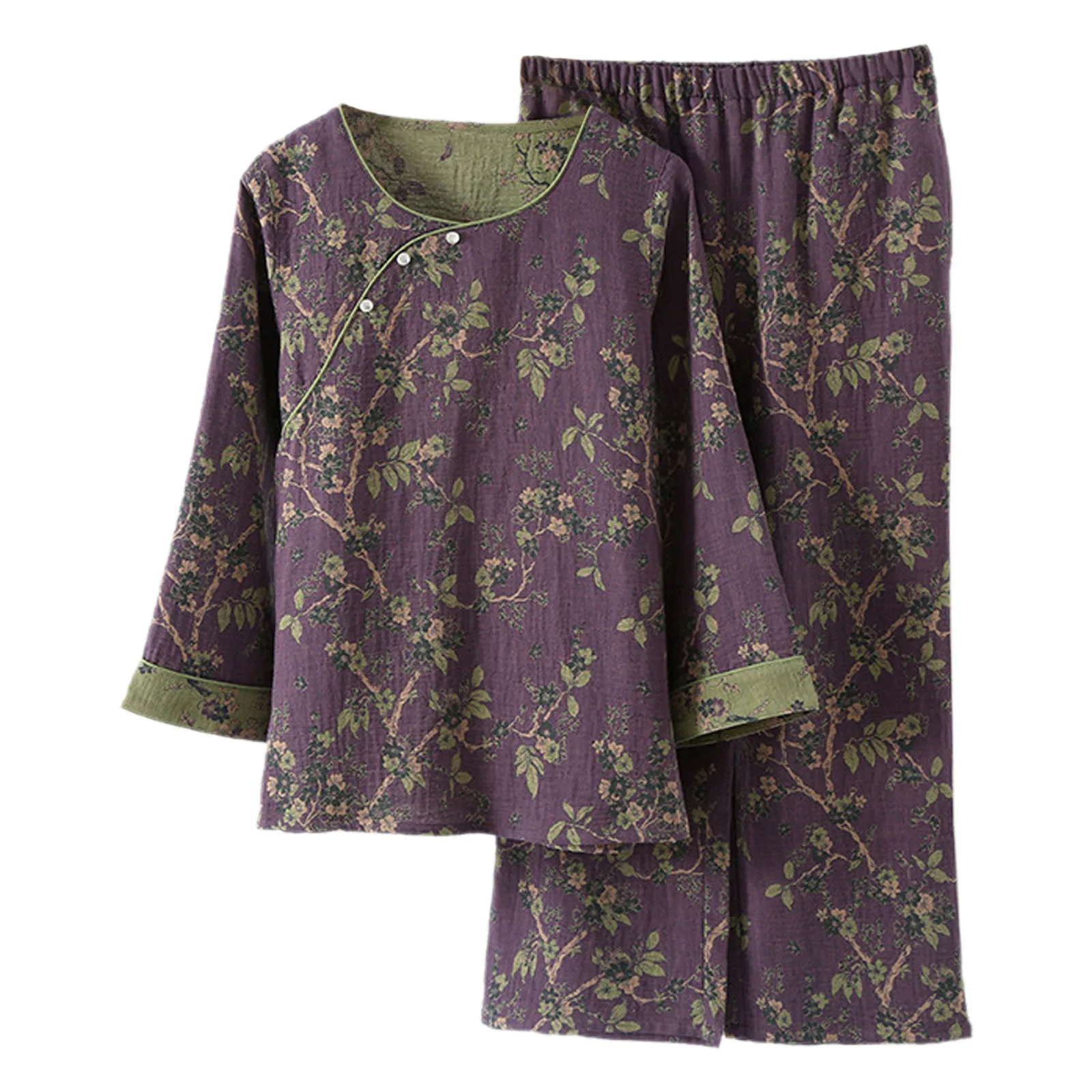 

Womens Vintage Jacquard Pattern Loungewear Long Sleeve Pullover Shirt Top And Elastic Waistband Wide Leg Pants Pajamas Homewear
