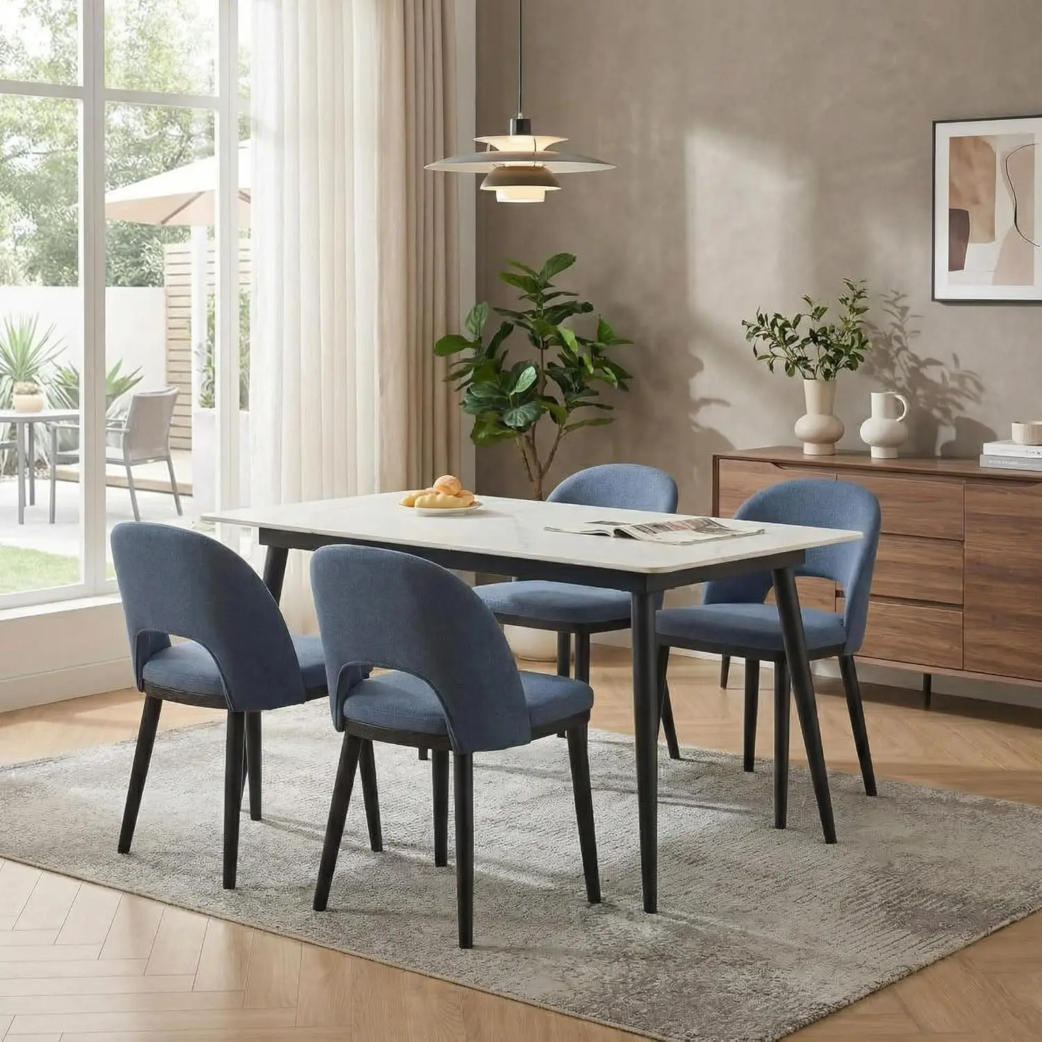 Garvee Moderne Esszimmerstühle im 4er-Set, Leinenbezogener Esszimmerstuhl mit Holzbeinen, ergonomische hohe Rückenlehne, Küchen-Seitenstühle mit dick gepolstertem Sitz für Küche, Wohnzimmer,