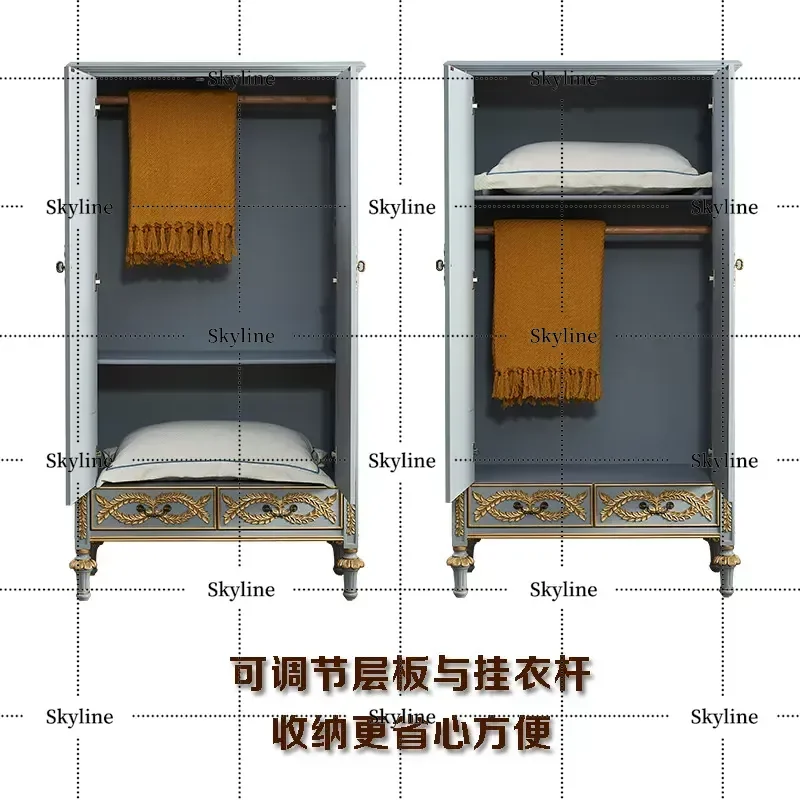 for American Rural Solid Wood Two Door Wardrobe Small Apartment Mobile Economy Bedroom Large Storage Clothes Pole Single