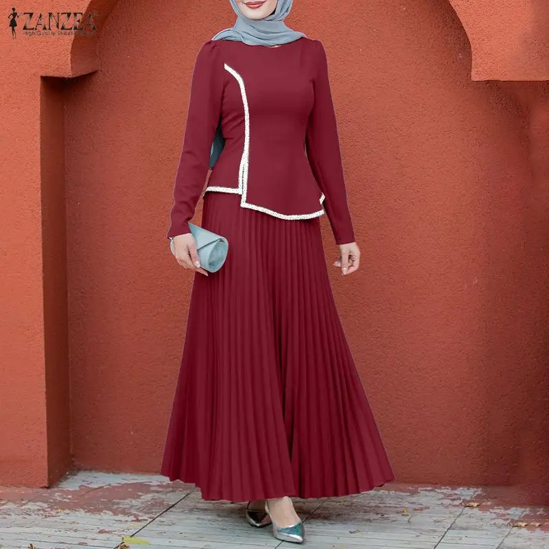 ZANZEA 2026 Sommer Muslimische Damen-Sets: Elegante Langarm-Patchwork-Blusenkleider und Arbeitsoutfits für Ramadan – Trainingsanzug