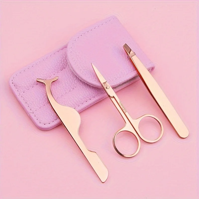 ชุดอุปกรณ์เสริมความงามพกพา 3 ชิ้น ทำจากสแตนเลส ประกอบด้วย กรรไกรตัดแต่งขนคิ้ว ที่หนีบขน และอุปกรณ์แต่งหน้า