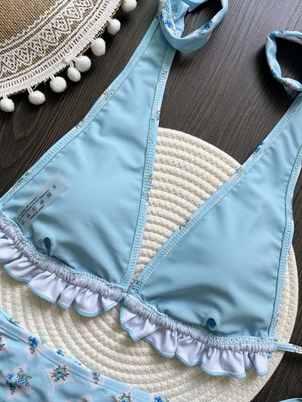 RUOTONSEPT セクシーな蓮の葉エッジプリントビキニセット女性水着ツーピース三角 Tバック水着水着ブラジル Biquini