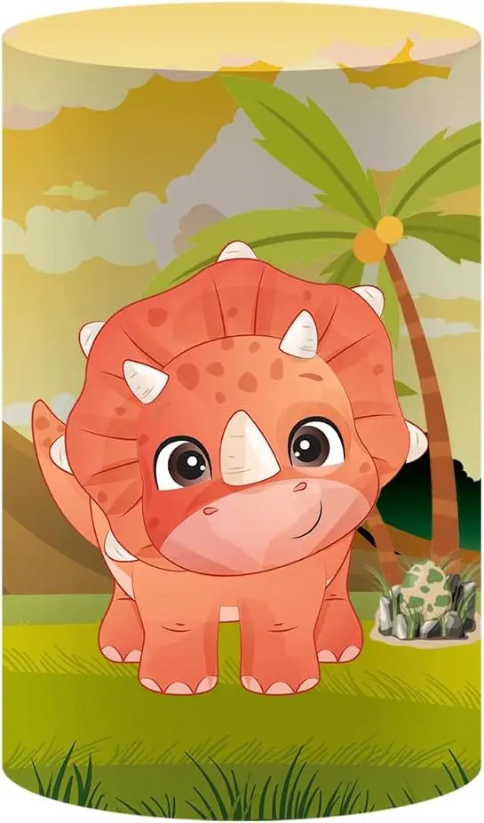 오렌지 만화 공룡 실린더 받침대 커버, 생일 파티용 신축성 받침대 원단 커버, 베이비 샤워 파티 식탁보