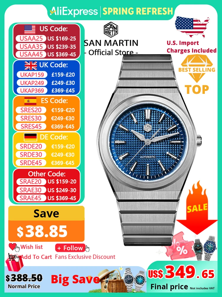 

San Martin 39mm Luxury Men Sports Watch Waffle Dial Integrated Bracelet Miyota 90S5 Automatic Mechanical Clear Caseback SN0152