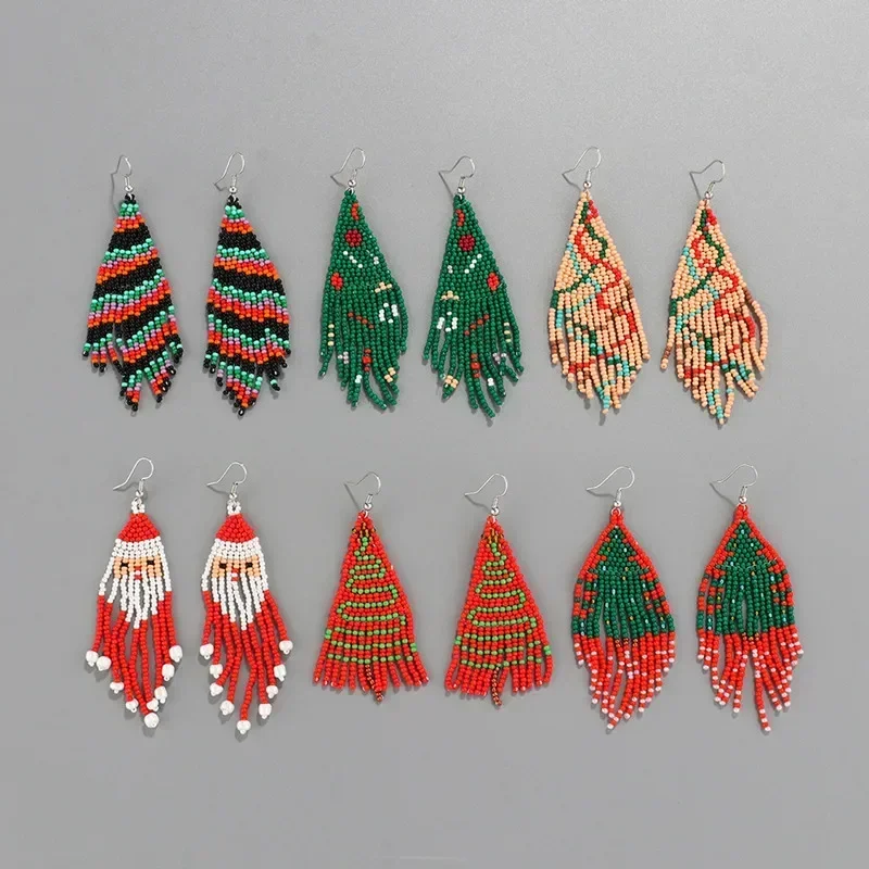 Rice Bead Earrings Hand knitting fashion Christmas christmas tree  Santa Claus  Simple alloy ma'am  Tassel Beaded earrings