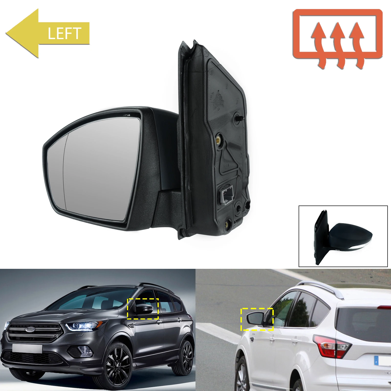 

ANGRONG Left Hand N/S Wing Door Mirror Heated Electric Primed For 12-20 Ford Kuga II MK2