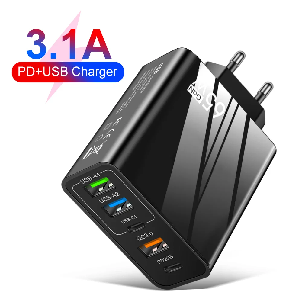 65W GaN USB-C Ladegerät Hochgeschwindigkeits-Ladeadapter für iPhone, Samsung, Huawei, Xiaomi Schnellladegerät Typ C für Mobiltelefone