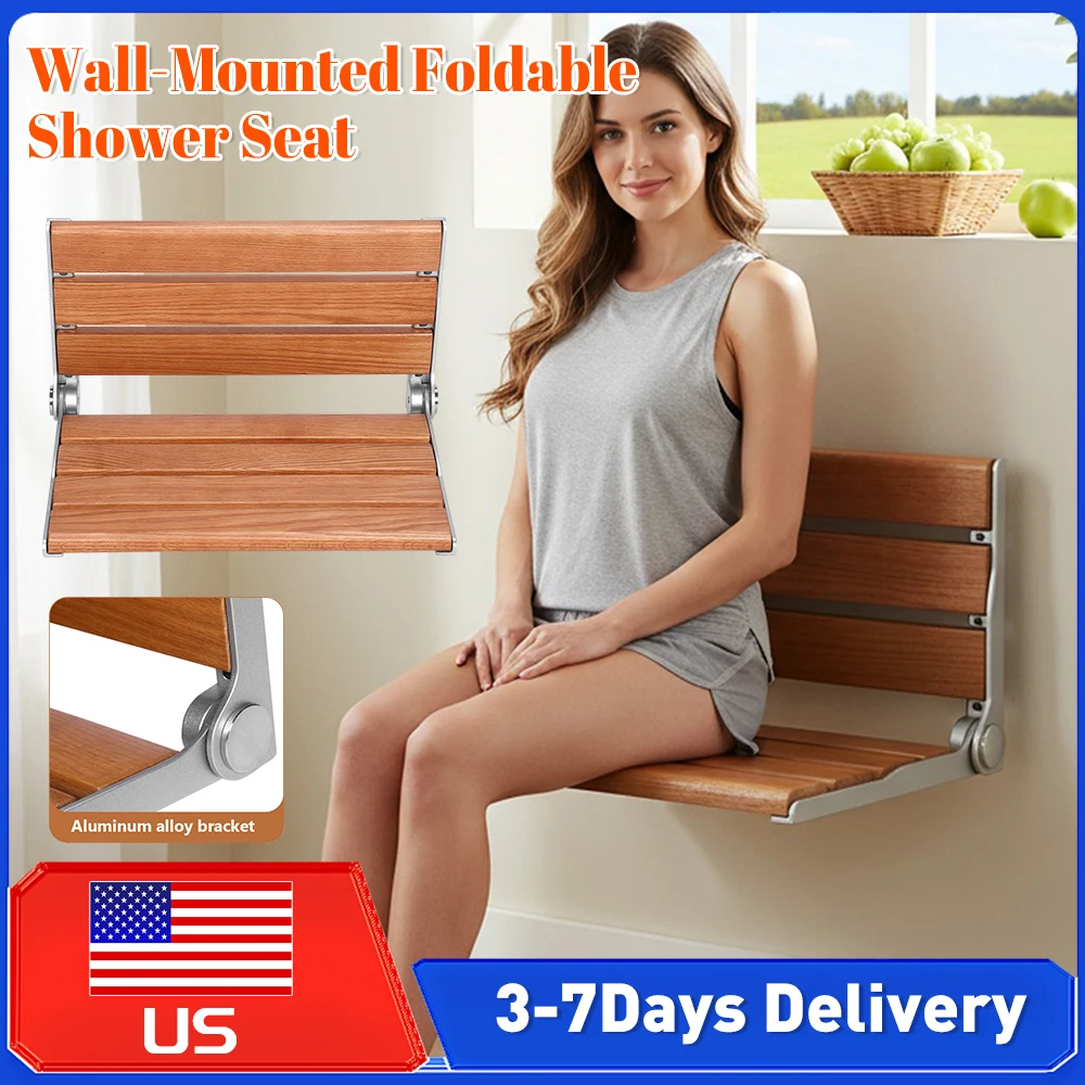 400lbs Wall-Mounted Foldable Shower Seat Anti-Slip Backrest Bathroom Stool Space-Saving Hidden Chair for Small Bathrooms Shower