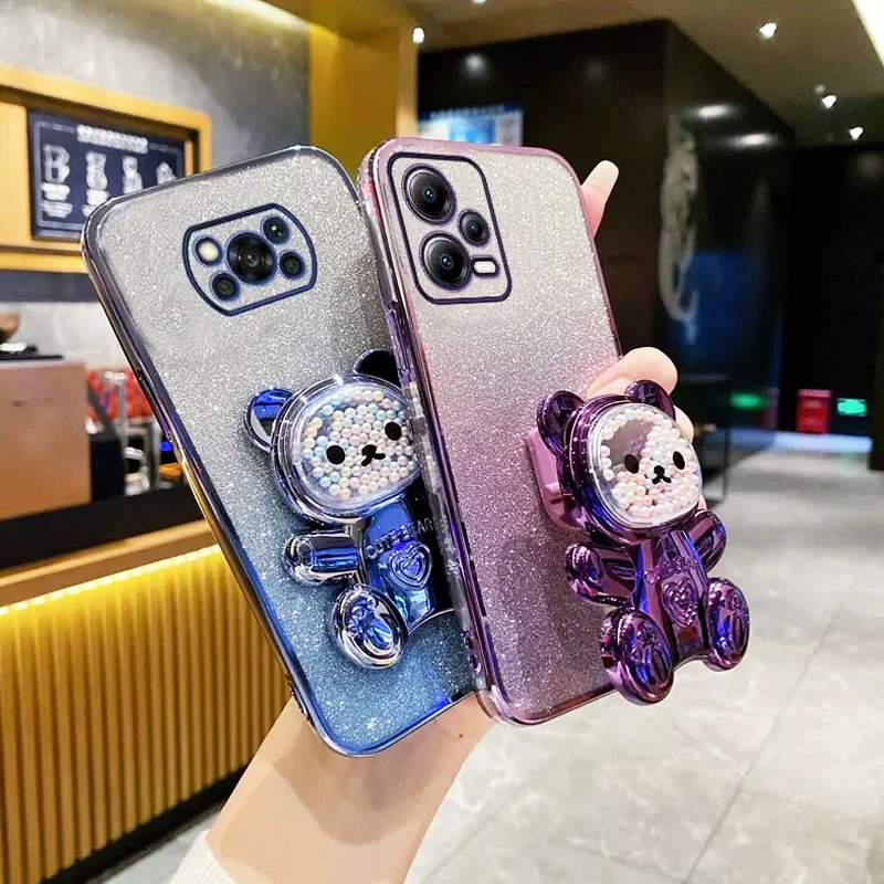 PocoX6 pro Cute Bear Holder Bracket Glitter Plating Case On for Xiaomi Mi Poco X6 X3 X5 M6 F6 M5S M4 M3 F5 F3 F4 pro Stand Cover