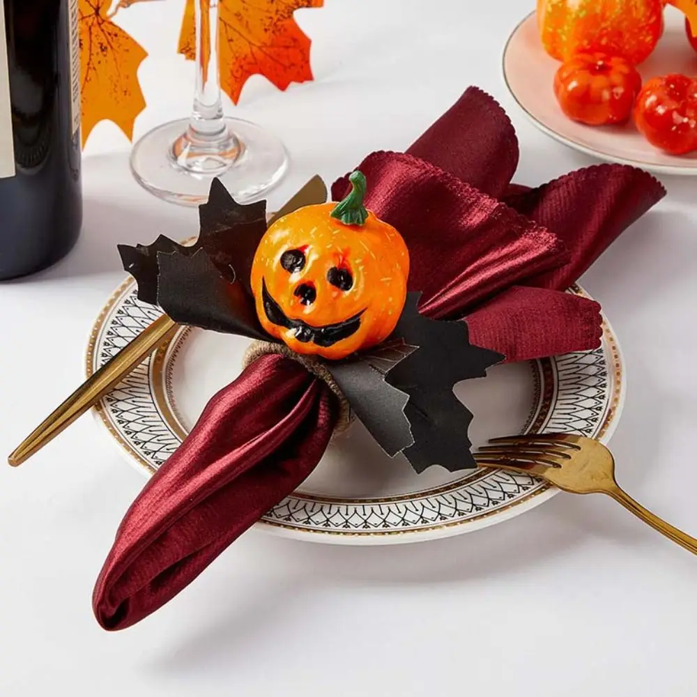 6pcs Hemp Rope Wrapped Halloween Pumpkin Napkin Rings with Artificial Maple Simulation Napkin Holder Durable Plastic