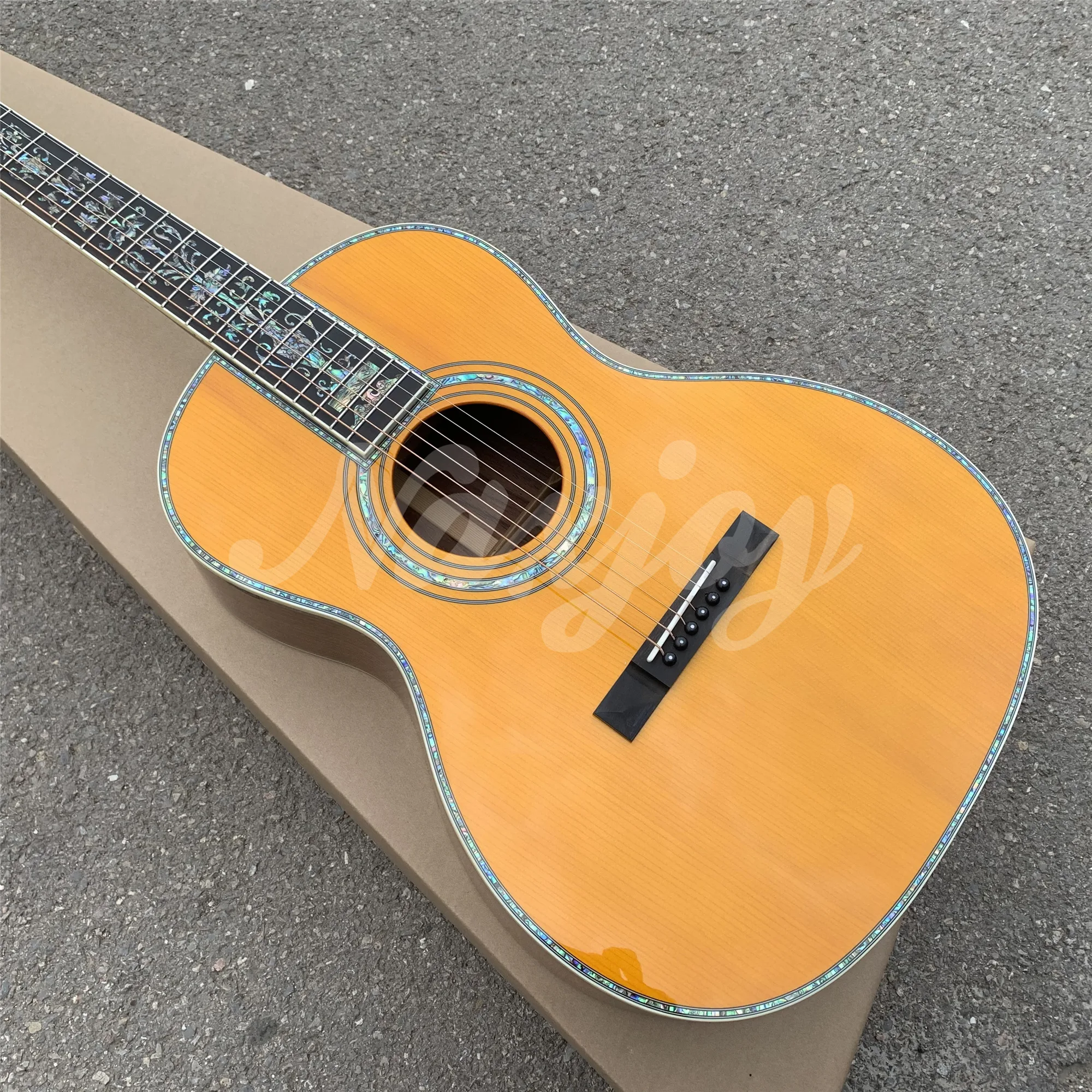 Custom 39 Inches Yellow Solid Spruce OOO Type Acoustic Guitar Abalone Flowers Inlays Ebony Fingerboard