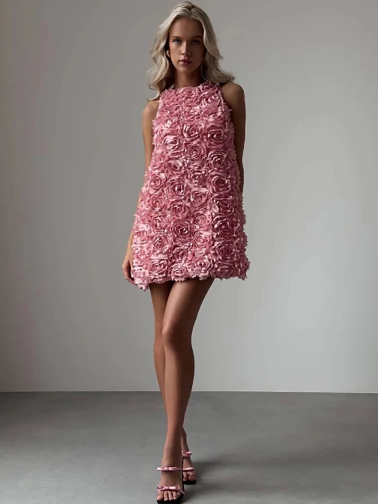 

Women Summer Pink One Piece Dress Sleeveless Flowers A Line Mini High Street Guest Wedding Party Evening Club Dresses Dropship