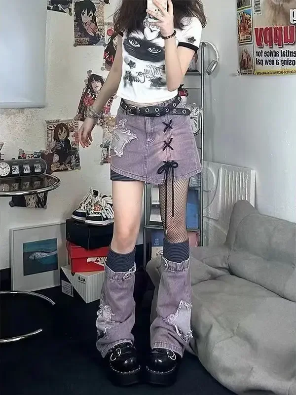 

Фиолетовая нишевая индивидуальная юбка Аби со сладкими и крутыми звездами, юбка с высокой талией и тонкая универсальная джинсовая юбка, комплект из двух предметов