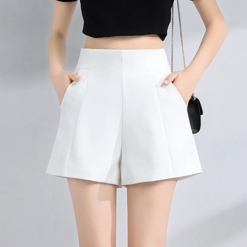 Suit Shorts Women High Waist A-line Shorts Spring Summer Casual Loose Wide Leg Chiffon Shorts Lady Black White