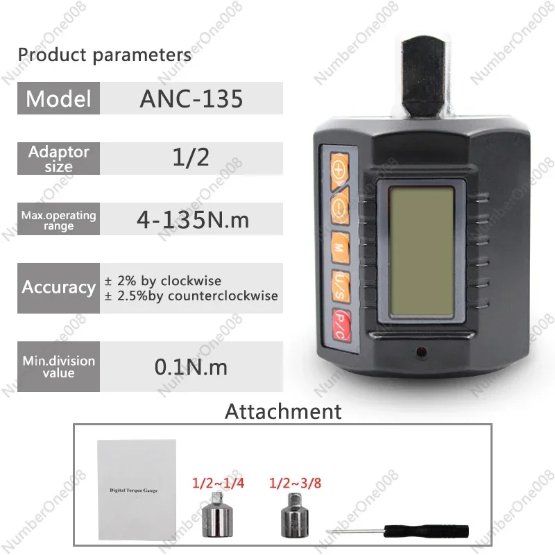 ANC-135 Large Screen 1/2 Drive SizeElectronic Digital Display Torquemeter Adjustable Torque Meter Adapter Bike Car Repair Tools