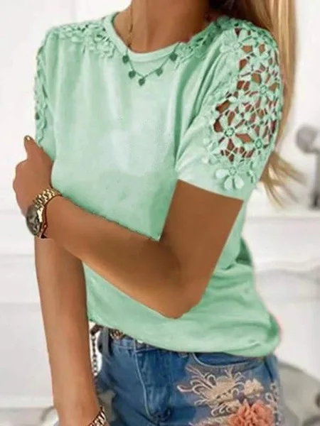 カジュアルなルーズフィット、またはラウンドネック、スプライス加工のTシャツ、女性用、夏シーズン、レギュラー丈、その他素材00%、レディースファッション