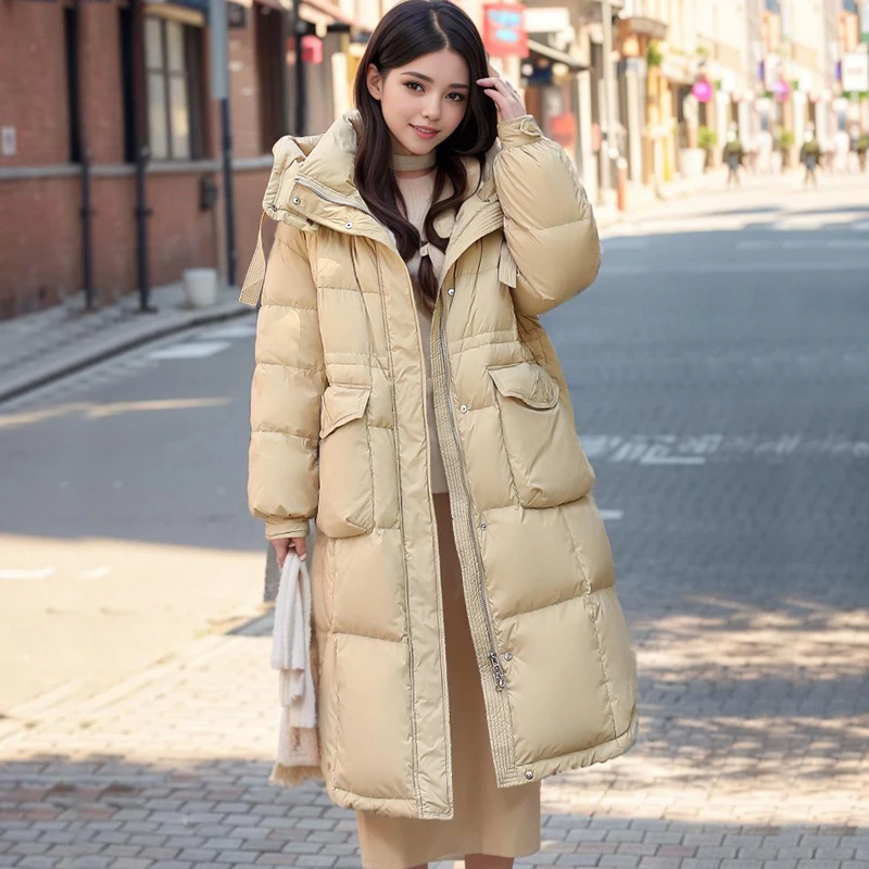 Warm Women\'s Winter Coat 90 White Duck Down Thickened Warm Long Down Coats Large of Warm Raccoon Fur Collar Hooded Waist Thin