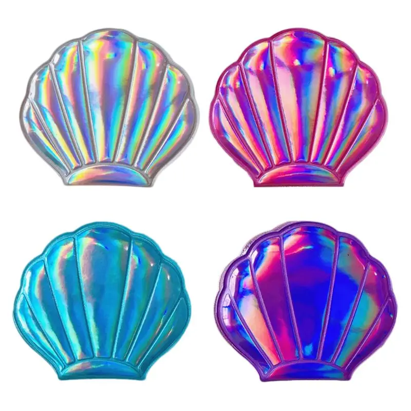 CASHOU111 Creative Sea Shell Shaped Holographic Rainbow Colored Magnifying Compact Cosmetic Double Sided Folding Pocket Mirror