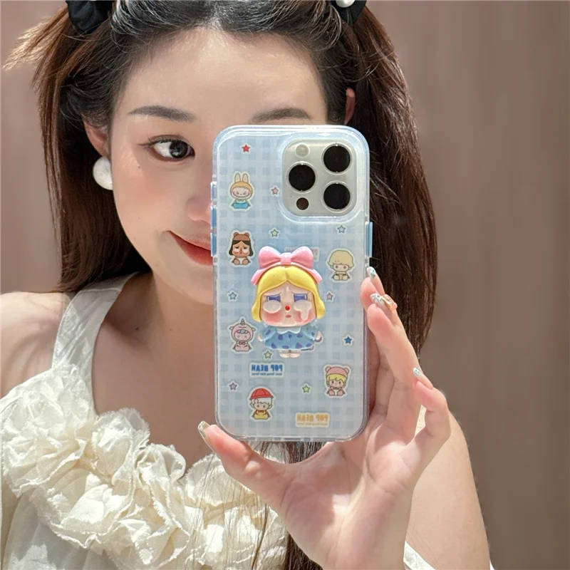 

Korean Cute Blue Plaid Pattern Magnetic Phone Case For iPhone 16 Pro 15 14 Pro Max 15Pro Back Cover with Holder Cases