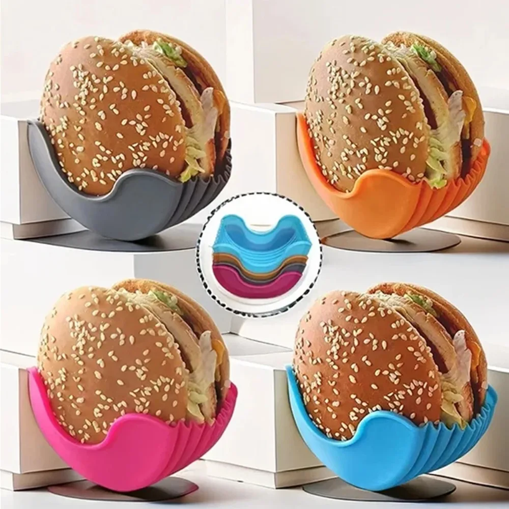 Soportes retráctiles para hamburguesas, caja fija para sándwich, Clip para hamburguesas, estante lavable de silicona para patatas fritas, salsa de hamburguesas, 4 Uds.
