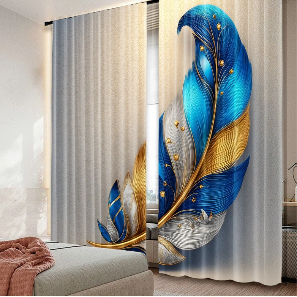 2D الطباعة المسطحة 2 قطعة الستار الذهب الأزرق ريشة الرقمية المطبوعة البوليستر الستائر الأسرة حفلة استخدام للاحتفالات عطلة ل