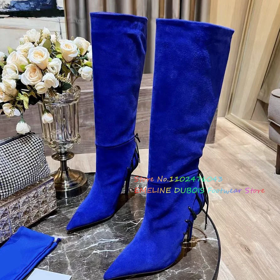 Luxurious 2024 Tassel Genuine Leather Pointed Toe Knee High Boots Women Cow Suede lacing Slip On Stiletto Party Dress Boots