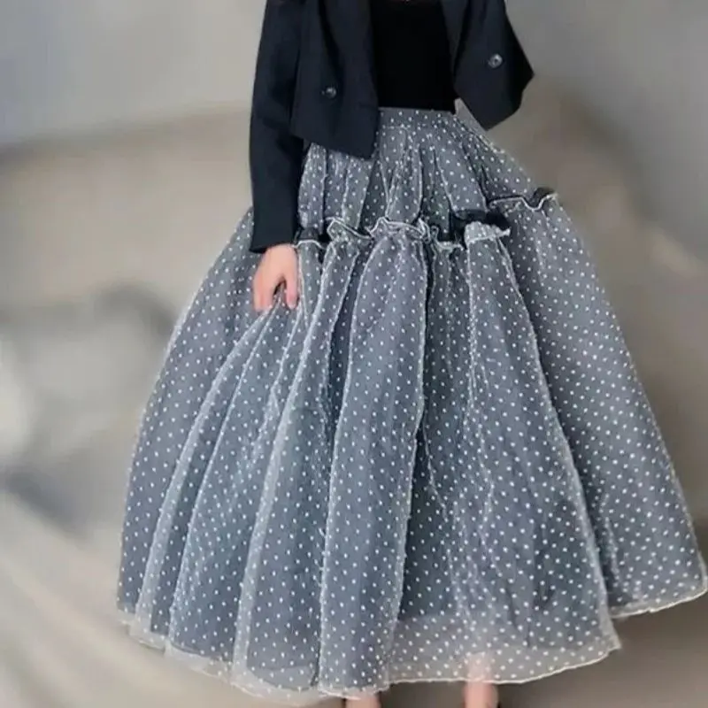 

Новая модная сетчатая юбка в горошек, женская французская винтажная юбка трапециевидной формы с высокой талией и милыми оборками, миди, вечерние юбки, элегантная юбка