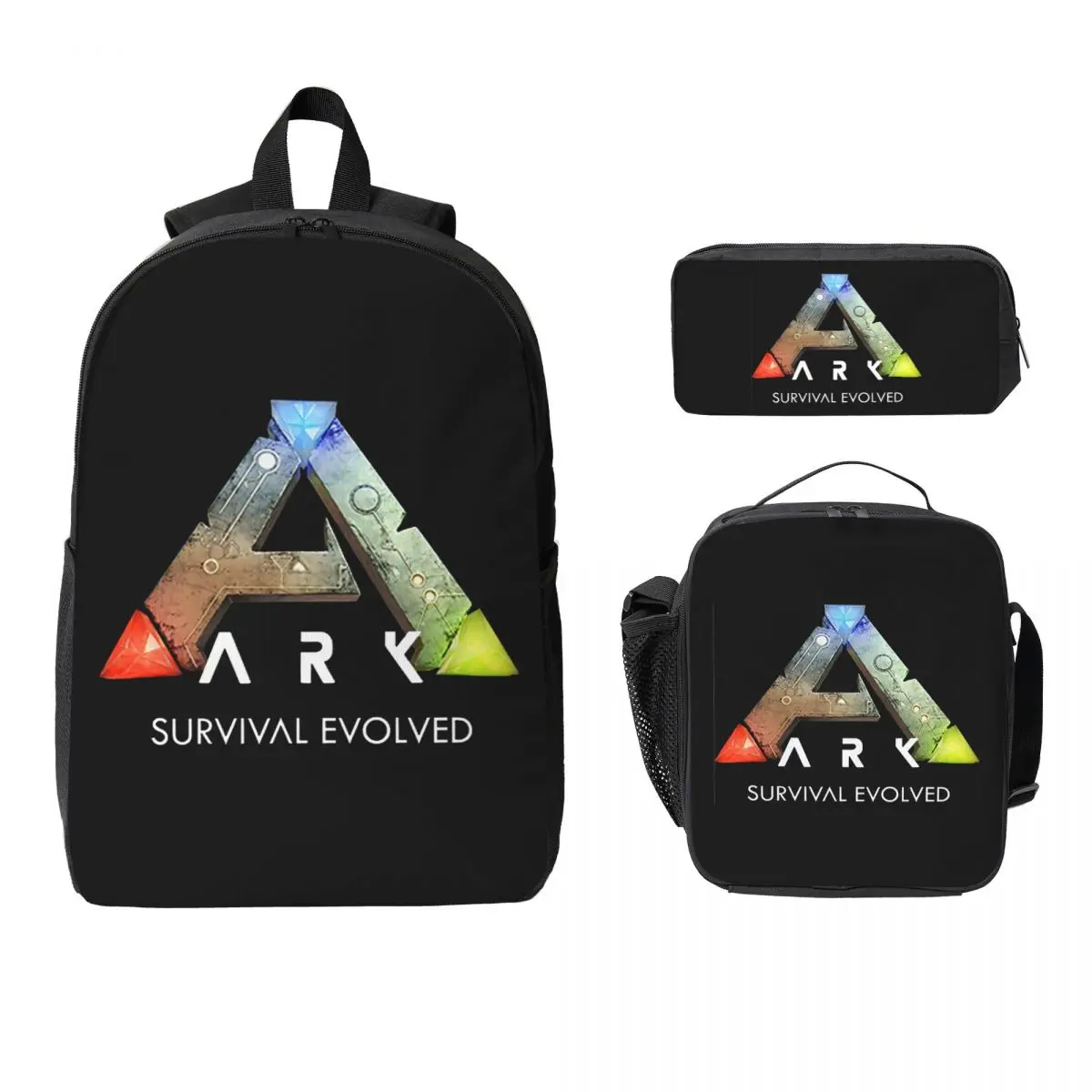 Sac à dos noir Ark Survival Evolved pour étudiants, garçons et filles, sac d'école, sacs à bandoulière, 3 pièces, sac à déjeuner isotherme, trousse à crayons