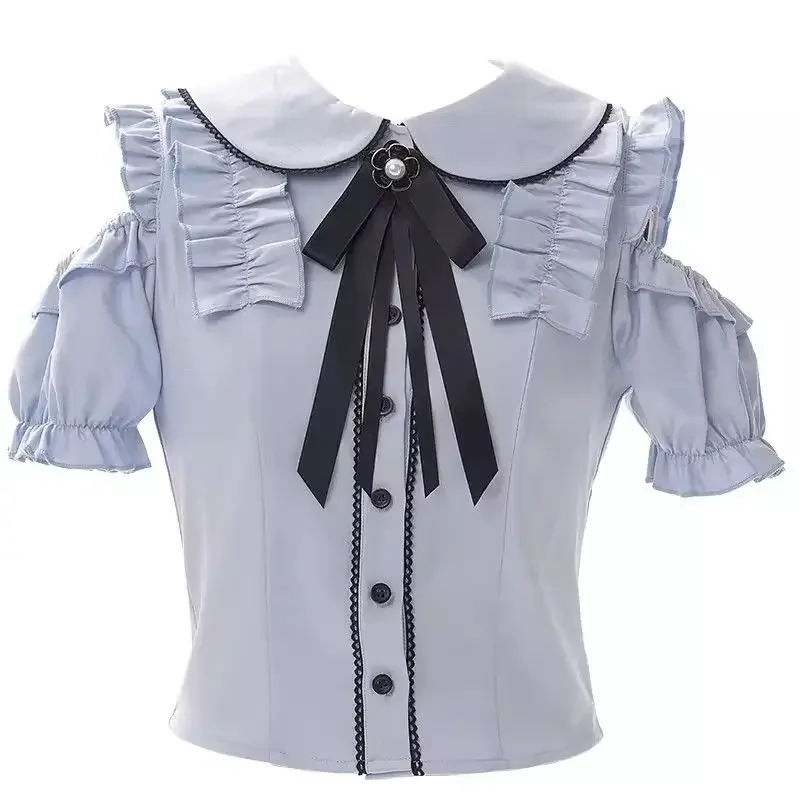 Gothic Blue Off Shoulder Long Sleeved Short Sleeved Top Black Ruffle Mini Skirt Female Y2k Kawaii Jk Suit Lolita Dress Uniform