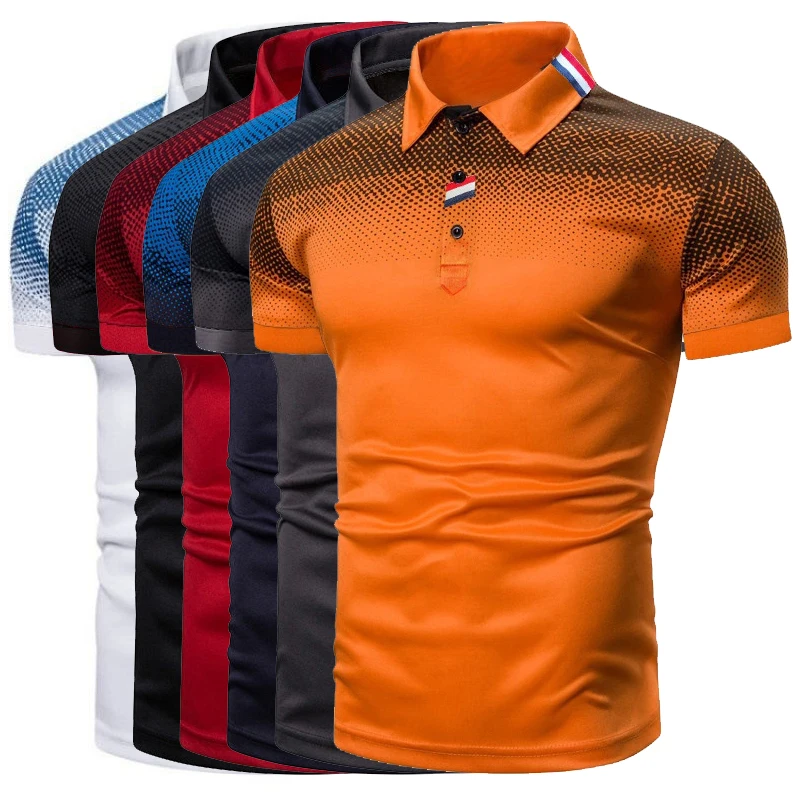 2023 Brand New Men\'s Casual T-Shirt 3D Digital Print Gradient Color Lapel Men Polo Tees Shirt Short-Sleeved Man Polo Shirts