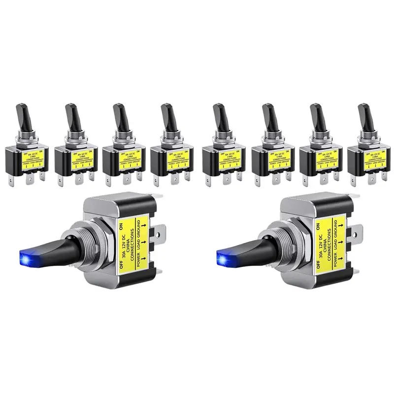 A80I 10X LED-Kippschalter Ein/Aus 12V 30A Blau LED-Beleuchteter Metallschalter Hochleistungs-SPST 3-Pin Wippschalter 12mm