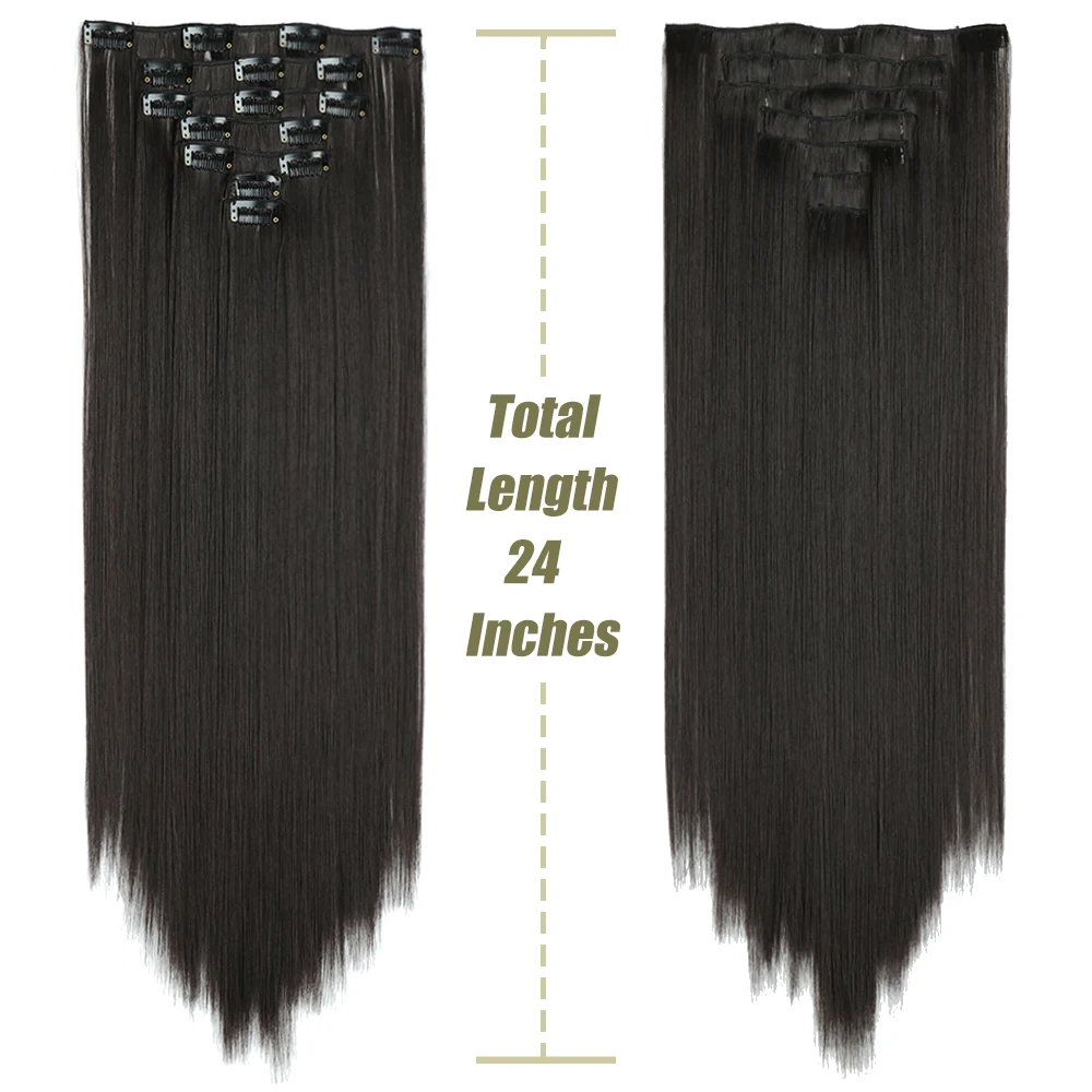 16 Clips Long Straight Extensions Synthetic Hair Clip On Hair 7Pcs/Set Naturel High Temperature Fiber Hairpieces Black DarkBrown