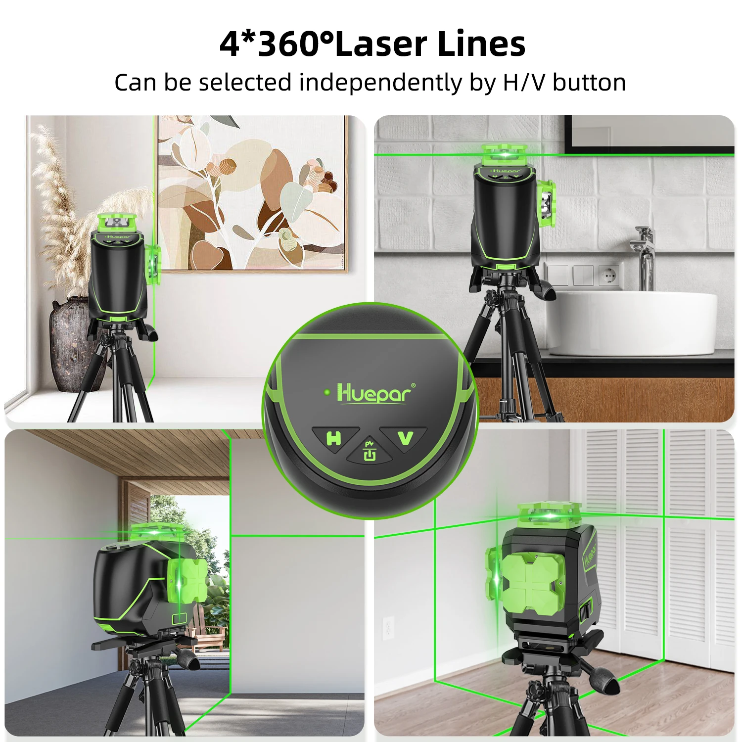 Huepar S04CG-LC Set 16 Lines Laser Level With Detector Tripod 4D Self-leveling Cross Line Green Level Tiling Floor Laser Tools