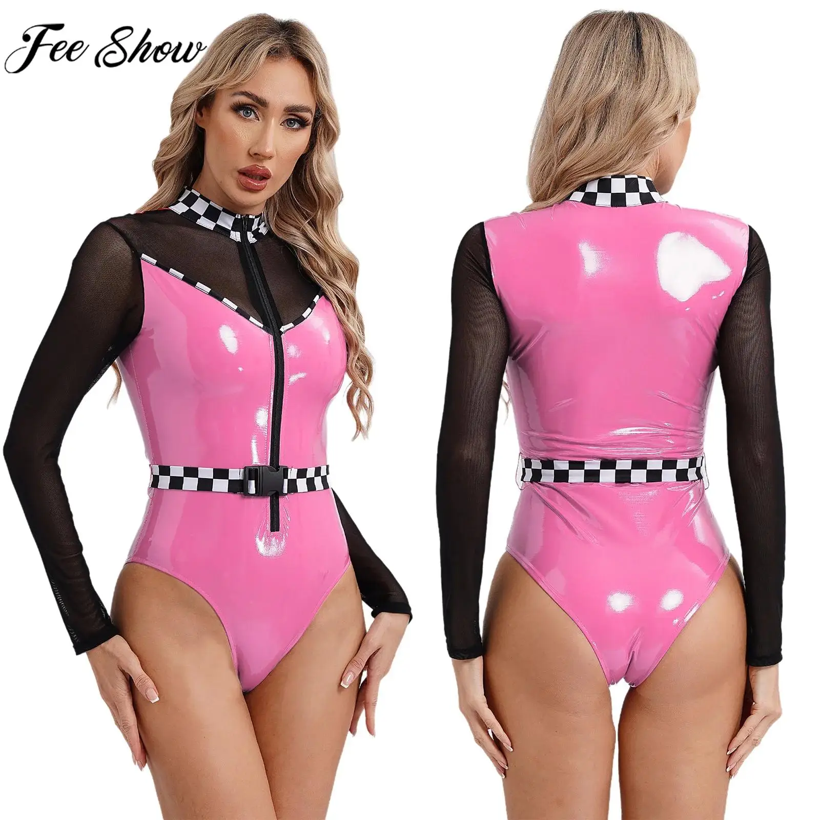 Women Speed Racer Driver Cosplay Bodysuit Checkerboard Patent Leather Mesh Zipper Jumpsuit with Belt for Halloween Carnival