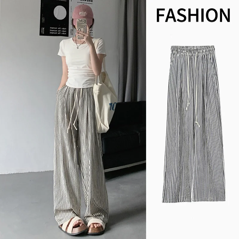 سراويل نسائية طويلة مخططة جديدة مستقيمة واسعة الساق للربيع والصيف سراويل رياضية طويلة فضفاضة سراويل مناسبة للإناث
