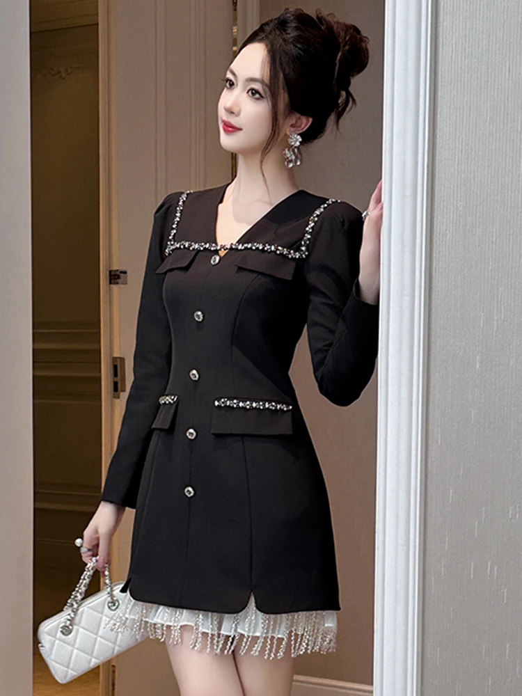 Women Clothes Black Vintage Sparkly Diamonds V-Neck Slim Mini Short Dress Elegant Party Prom Vestido Fashion Formal Occasion New