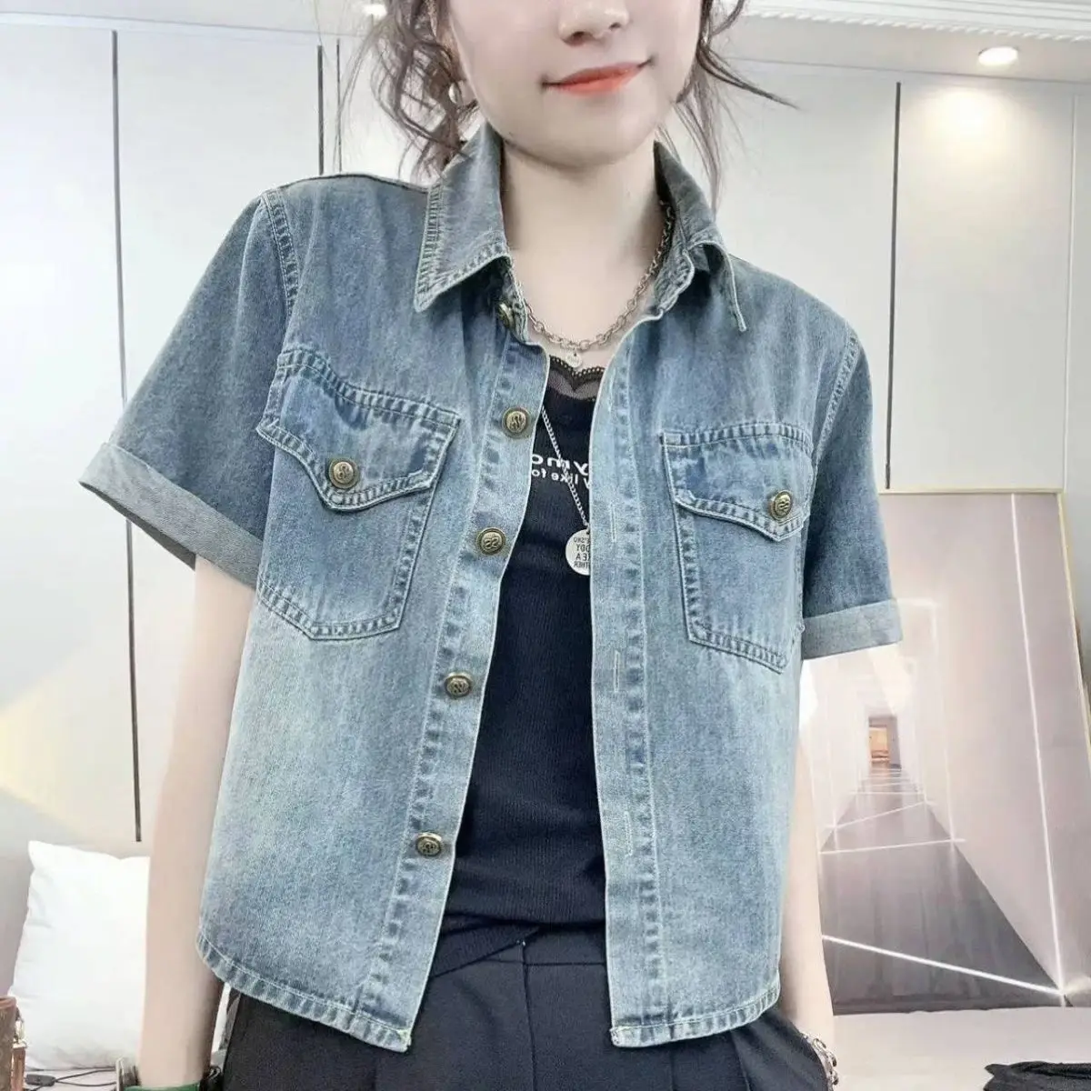Moda mujer con bolsillos Denim azul chaquetas de un solo pecho Vintage solapa cuello manga corta Mujer Chic trajes de señora