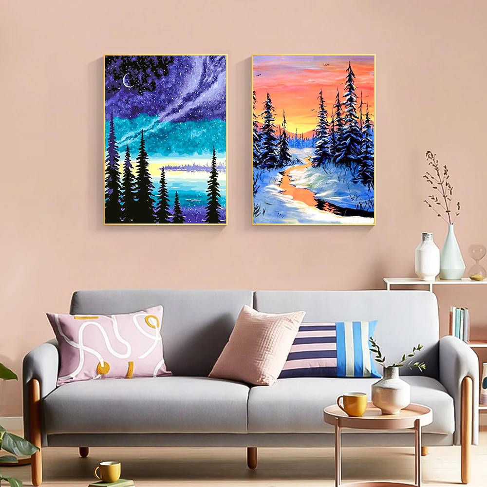 طقم طلاء ماسي على شكل بحيرة غروب الشمس، أضواء شمالية، فسيفساء مرصعة بالألوان المائية، منظر طبيعي لتزيين جدران المنزل، هدية يدوية