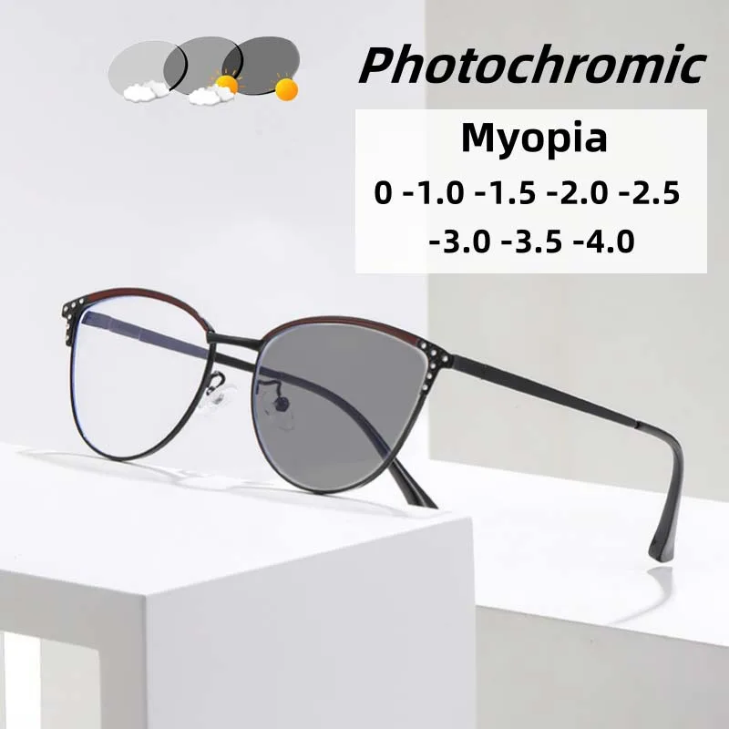 

Fashion Diamond Inlaid Photochromic Myopia Glasses New Cat Eye Blue Light Blocking Eye Protection Glasses Diopter To -4.0