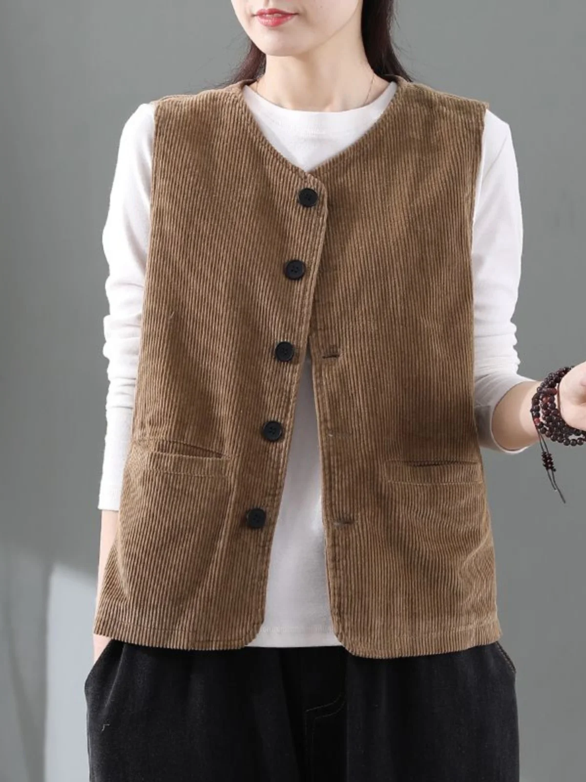 

Women's Corduroy Vest Loose Fit Spring Autumn Pure Color Versatile Fashionable Mom Coat Large Size Retro Style