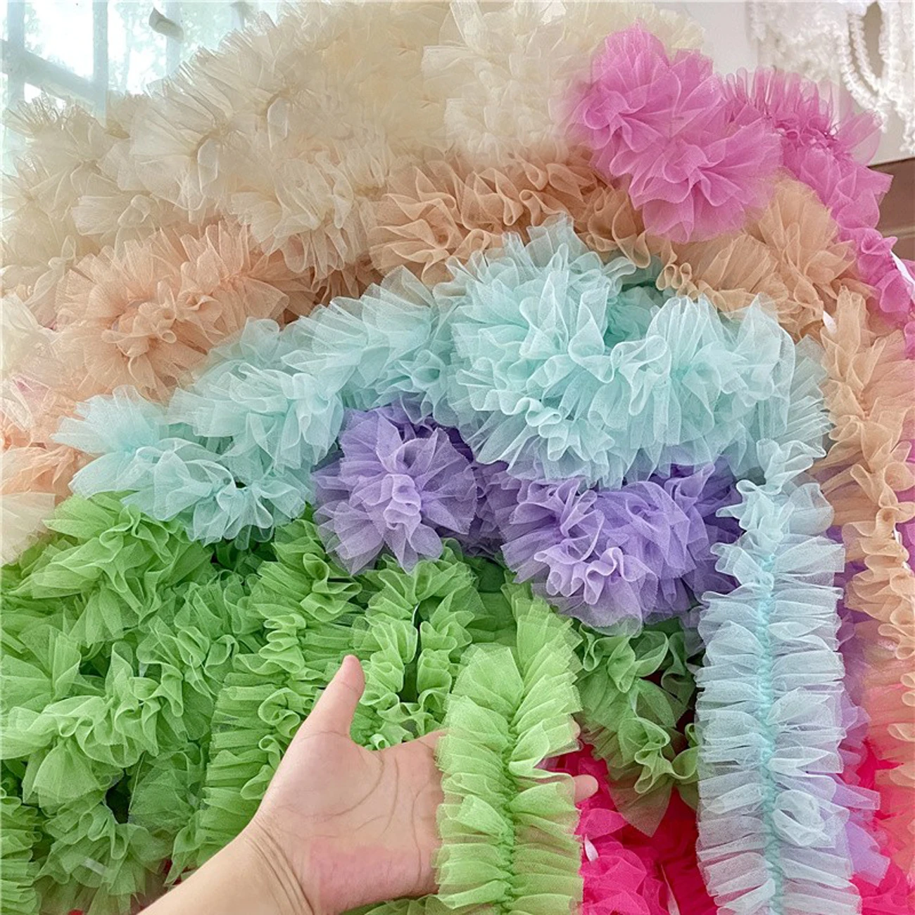 1meter 8CM Wide Frilled Ruffled Lace Trim Pink White Green Elastic Mesh Pleated Lace DIY Crafts Costume Sewing Lace Fabric