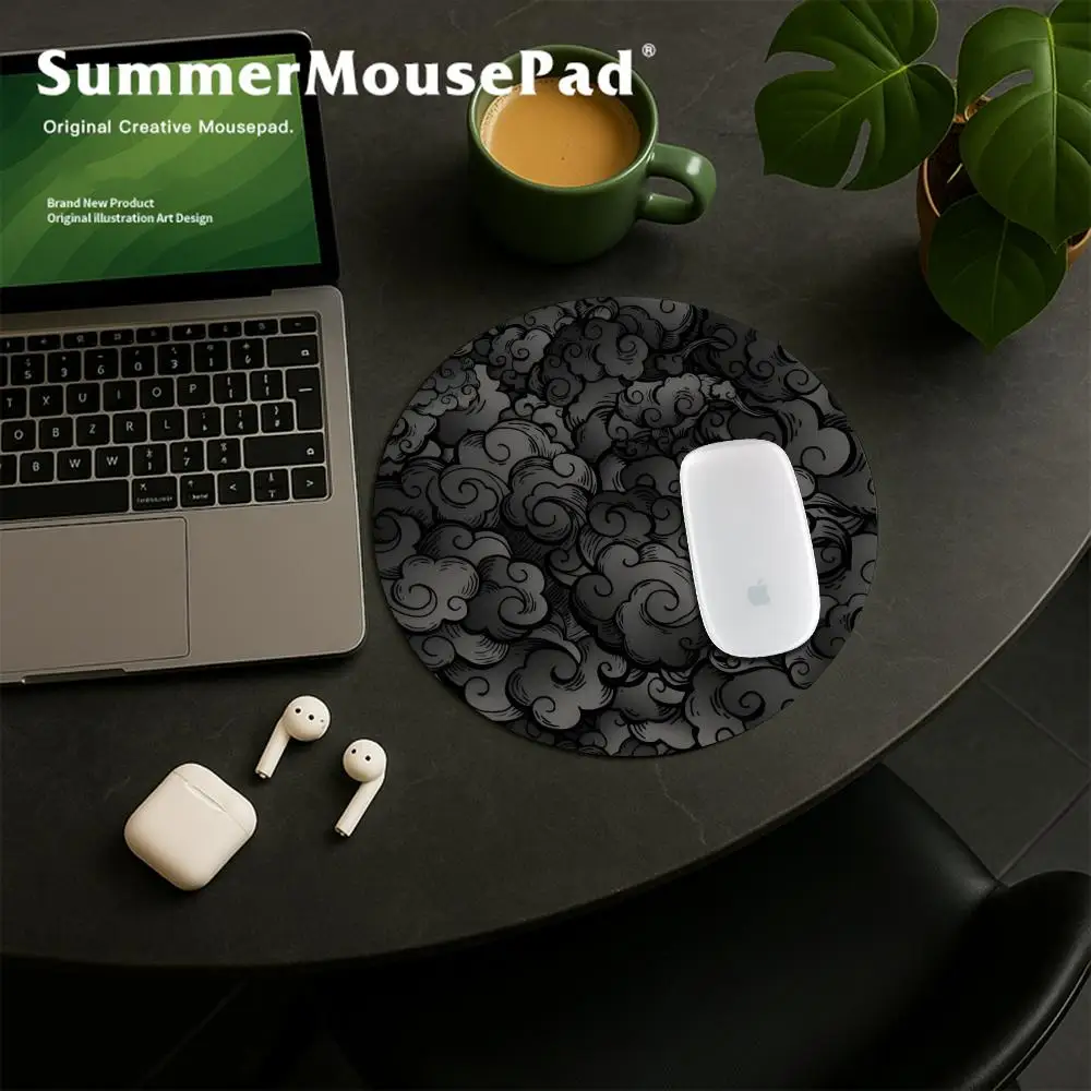 Japanese Clouds Anti-Slip Round Mousepad Cute White Cloud Mouse Pad for Office Gaming Desk Small Laptop Keyboard Accessories Mat