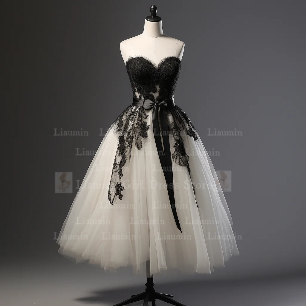 White Tulle and Black Lace Edge Applique Short Length Lace Up Evening Dress Formal Occasion Elagant Clohing Customized W1-1