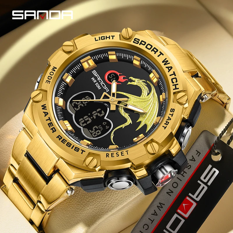 Sanda Top Brand Men Led Digital Stopwatches Running Waterproof Double Display Electronic Steel Military Outdoor Sports Watch