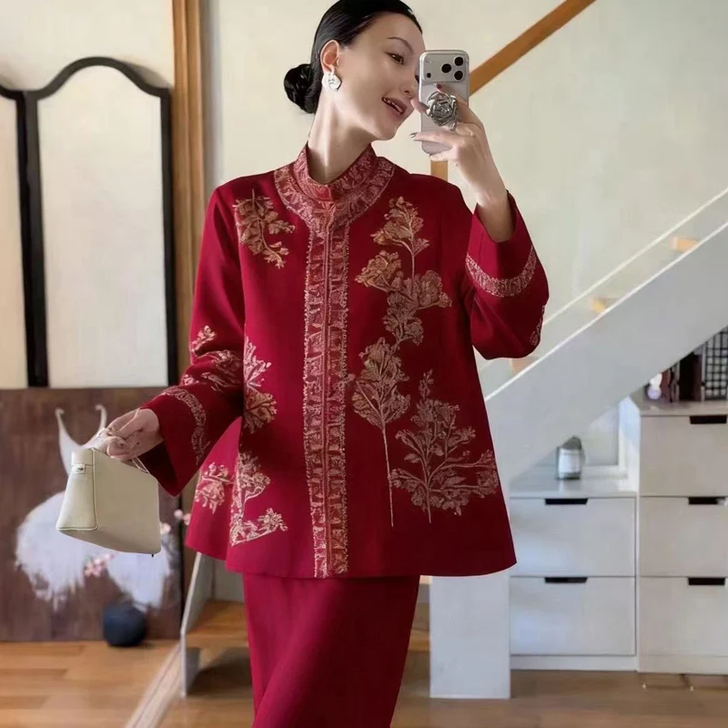 Spring New Chinese style Standing Collar Exquisite Palace Bead Embroidery Silk + Wool Fabric Unique Elegant Women's Coat S-XL
