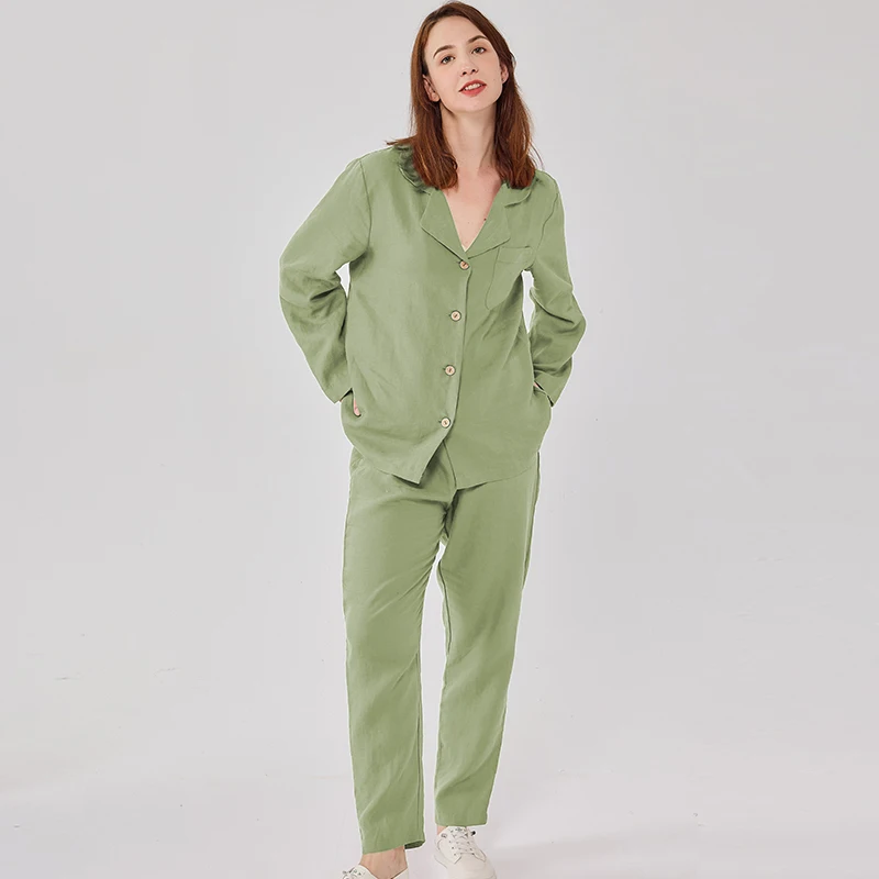 100% Natural Linen Women's Pajama Sets Soft Long Sleeve Shirt Pants 2 Pieces Sets Green Lounge Outfits 2024 Woman Loungewear